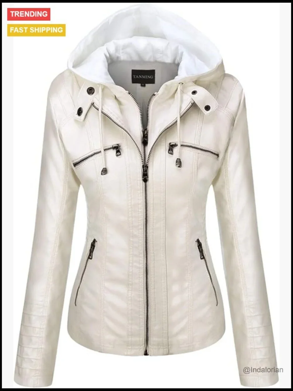 Faux Leather Moto Jacket with Detachable Hood Slim Fit Outerwear